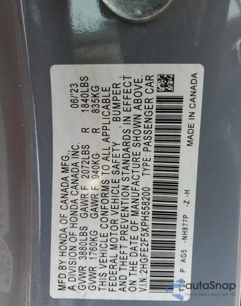 2023 Honda Civic Sport из США, поврежденный, VIN 2HGFE2F5XPH558200